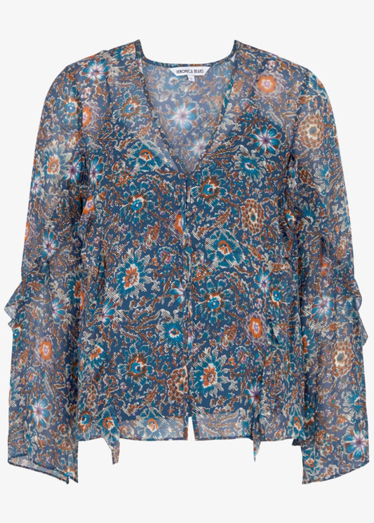 Blanchett floral - print silk blouse - etch floral cerul