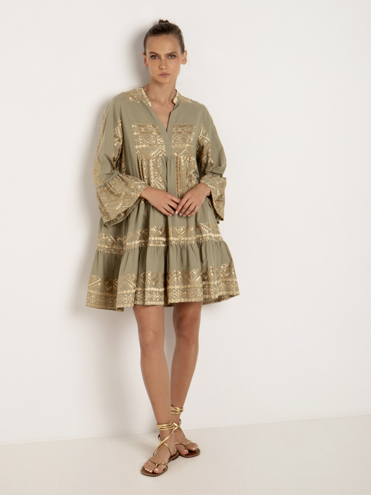Embroidered cotton ruffled sleeve mini dress - tea/gold