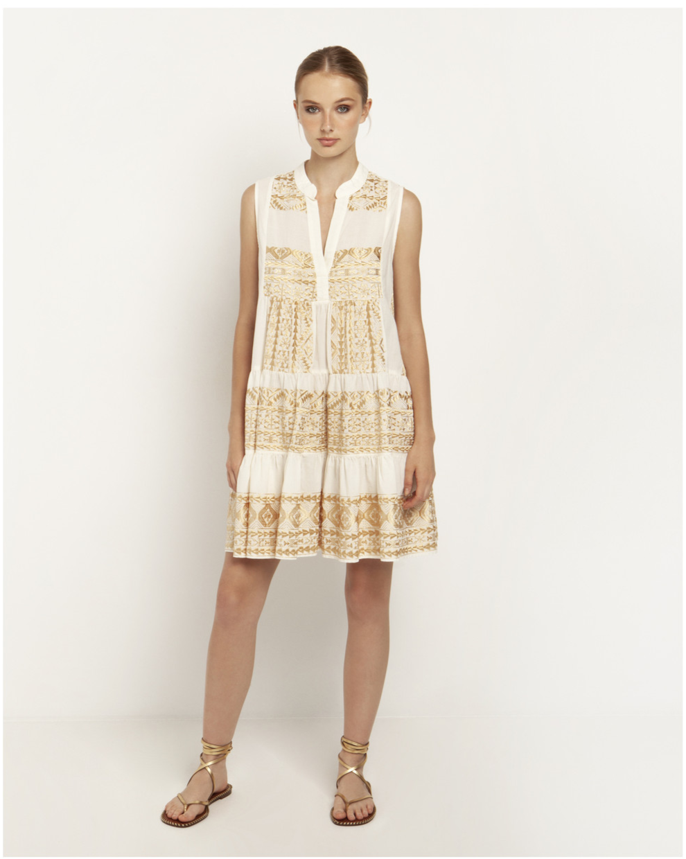 Embroidered sleeveless cotton dress - white/gold Dresses