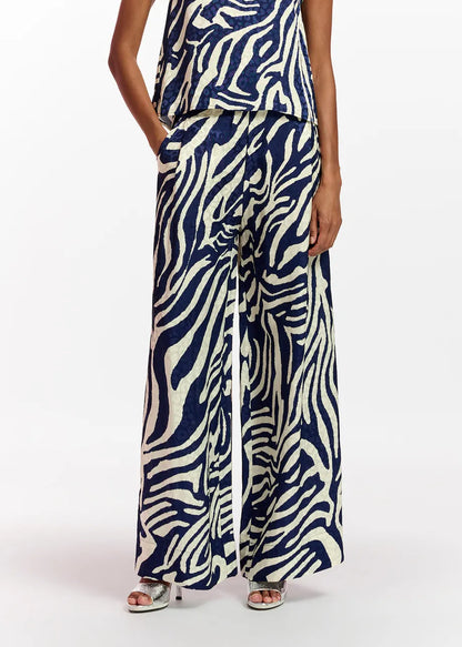 Fibonacci wide leg zebra print pants - navy blue
