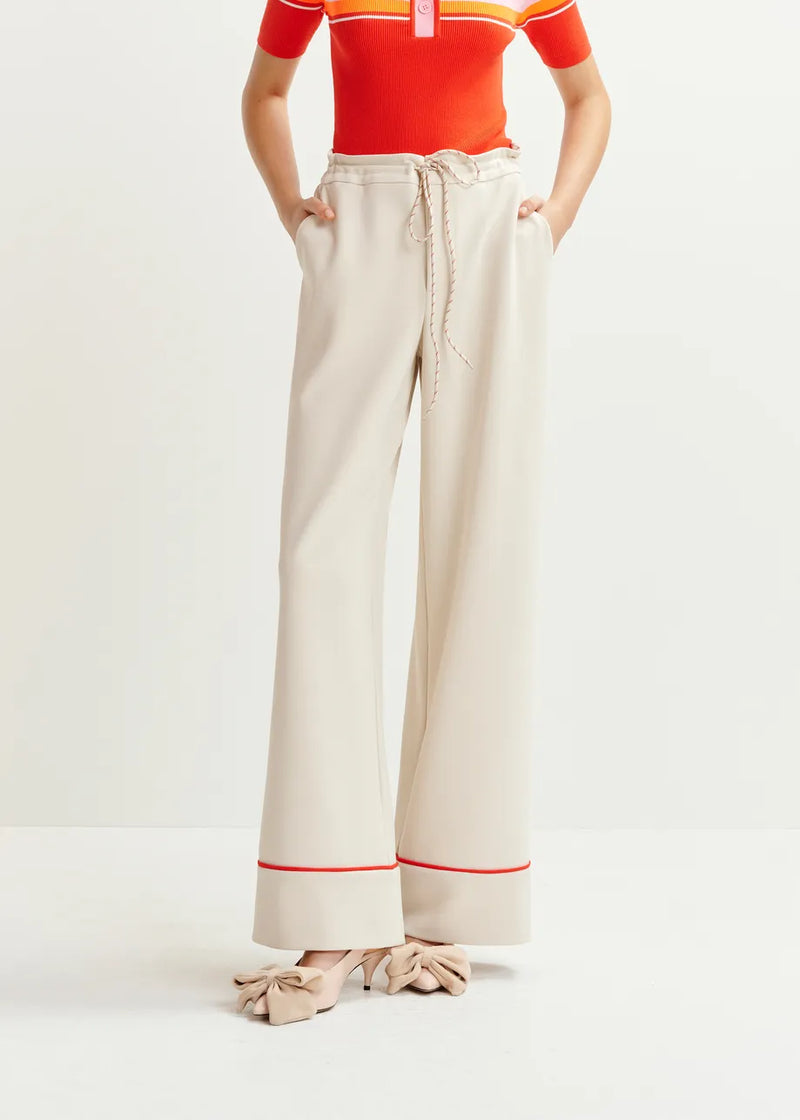 Hand wide-leg pants with contrasting trim - off white / red