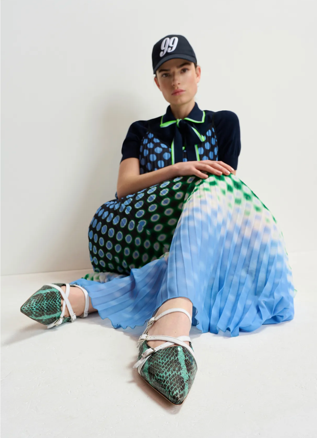 Hyacinth pleated polka dot print maxi dress - aqua blue