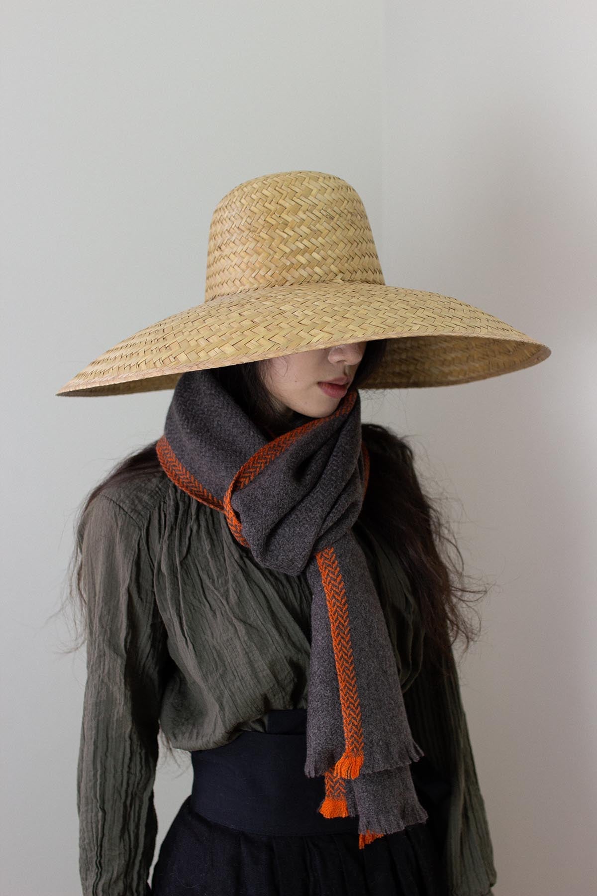 Oats & rice flame orange brim herringbone cashmere scarf