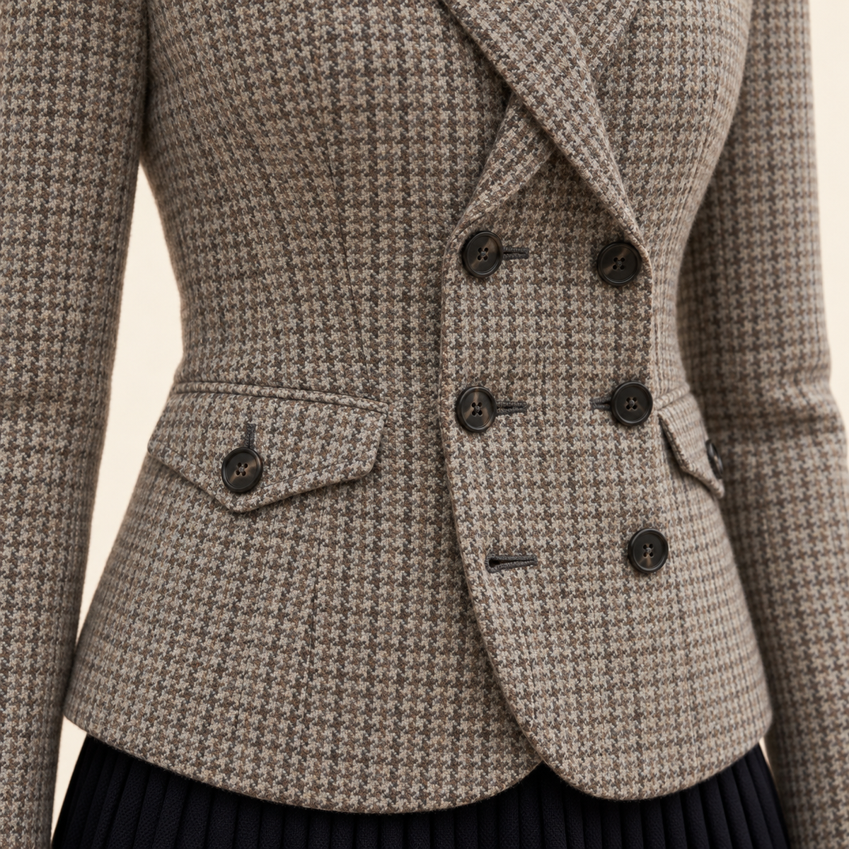 Front detail of the Nadia Alexander Amelia blazer featuring a fitted waist, double-breasted fastening and horn buttons in brown houndstooth Harris Tweed.