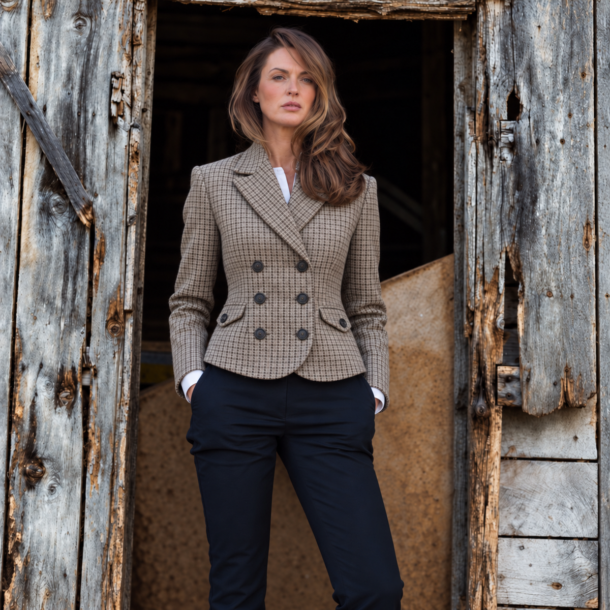 Nadia Alexander Amelia double-breasted blazer in brown houndstooth Harris Tweed, styled with dark trousers and photographed on a model.