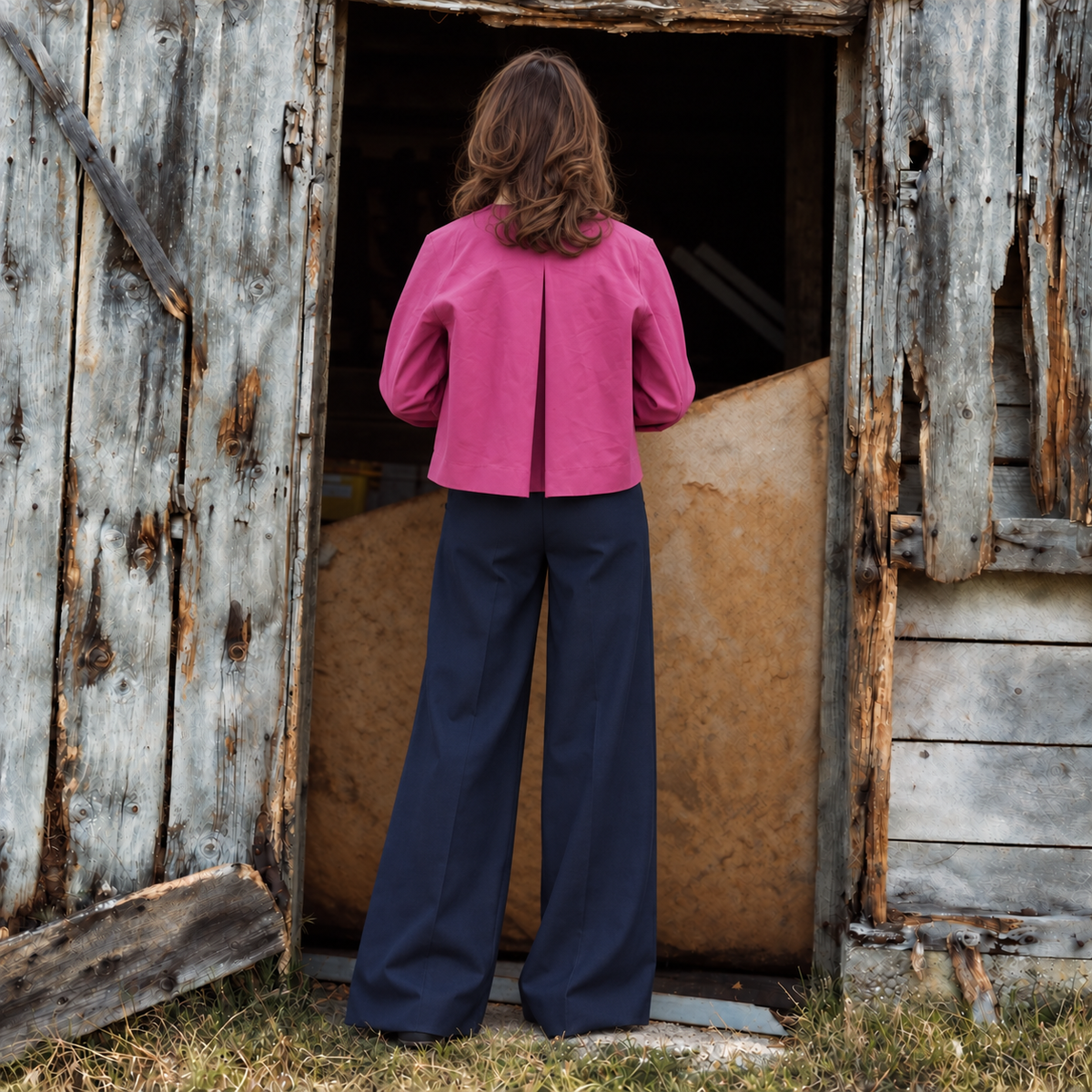 Nadia Alexander x Hancock Lottie magenta vulcanised cotton cropped jacket, back view