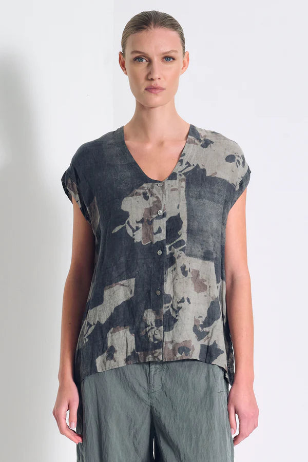 CFDTRCT291 Printed linen tank top with viscose georgette inserts