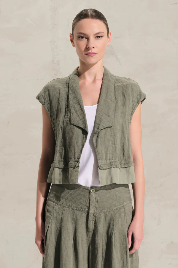 Transit Boxy-Cut Jacket with Cap Sleeves in Striped Linen & Cupro