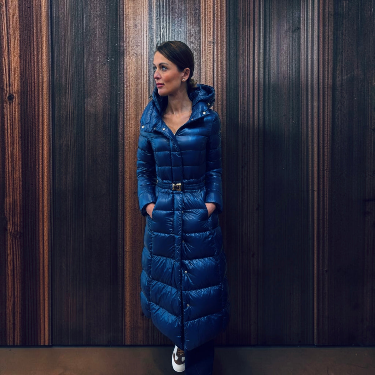 Herno quilted belted long down coat - bluette
