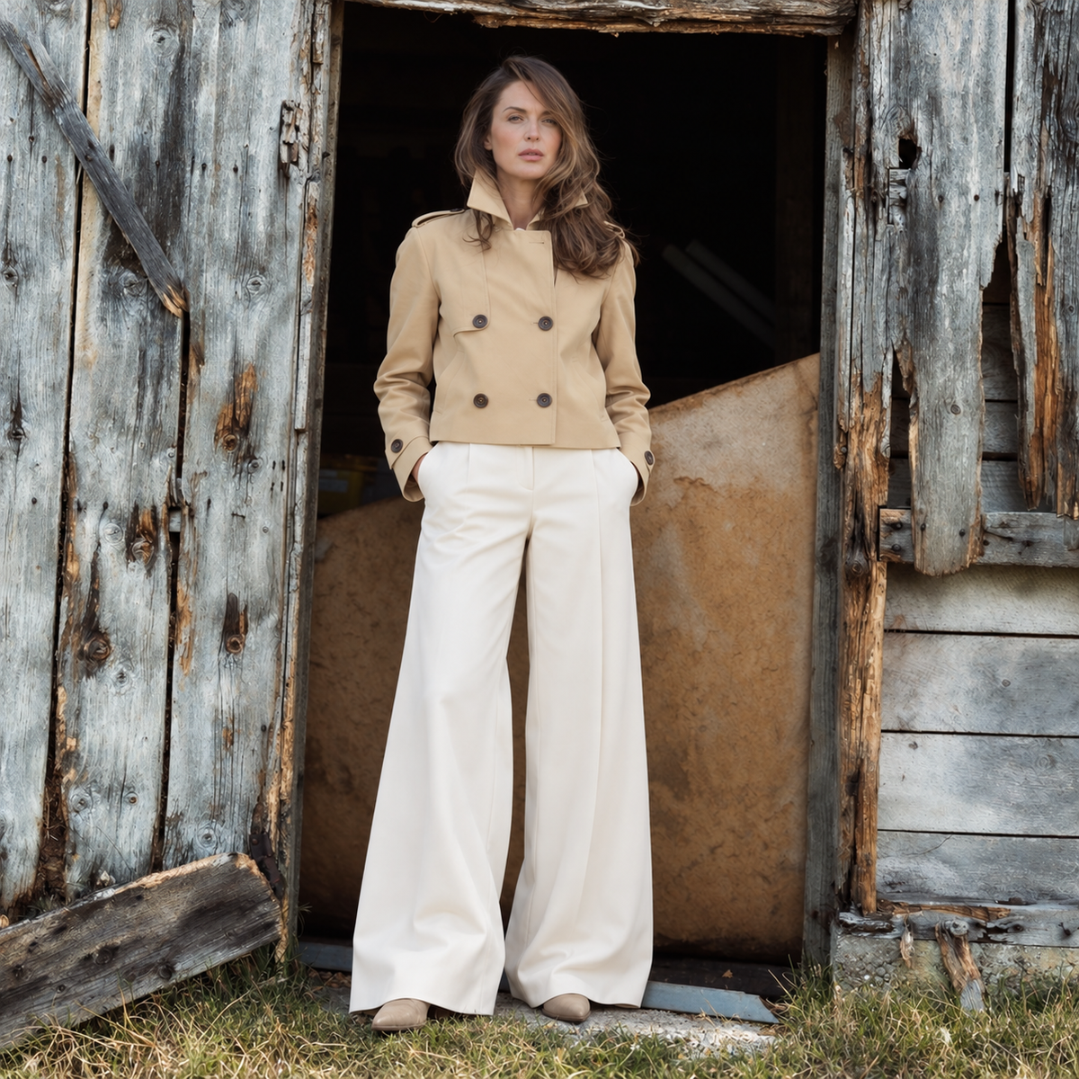 Nadia Alexander x Hancock fawn cropped trench coat in vulcanised cotton, handmade in Scotland