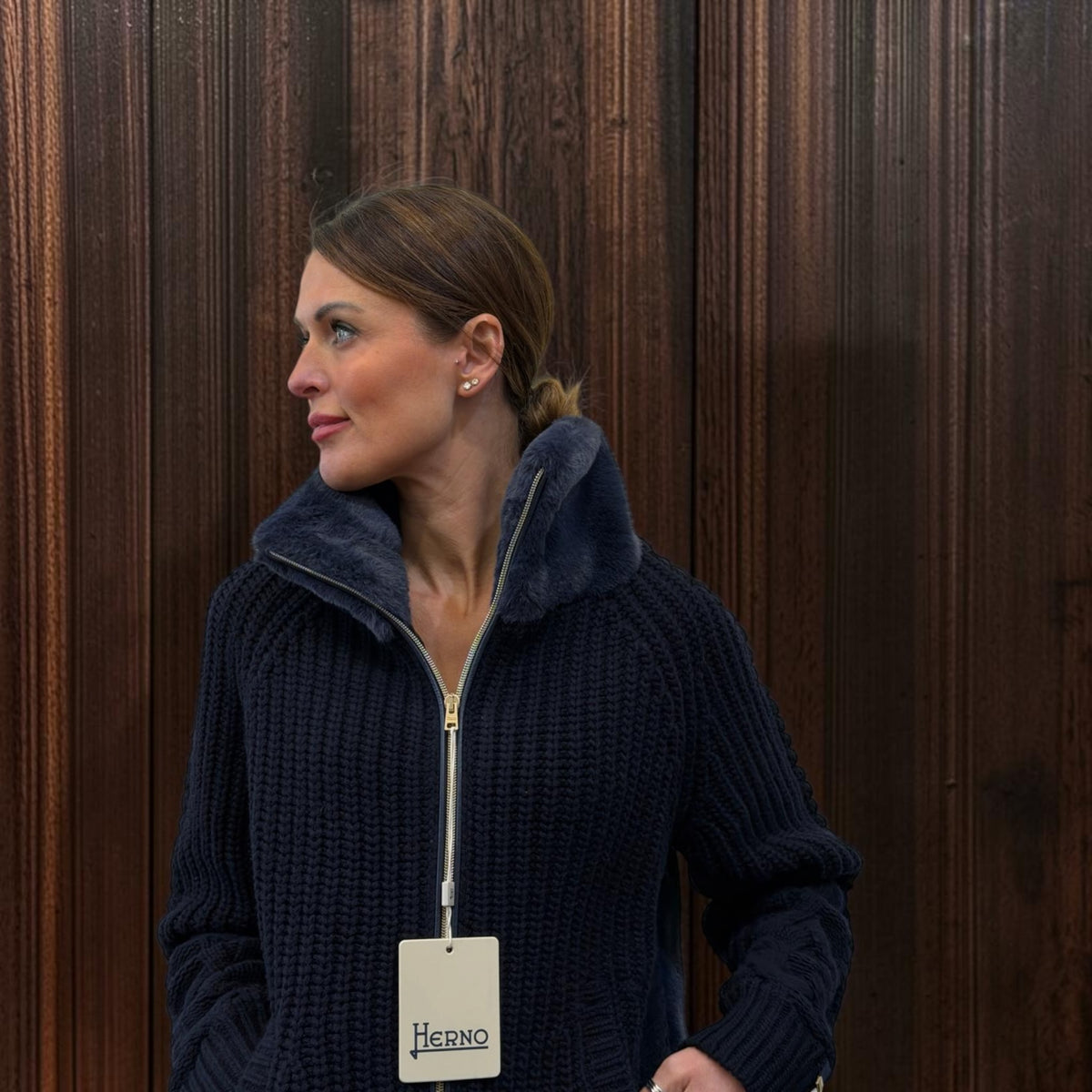 Herno Faux-fur & pure wool zip-up knitted jacket - navy
