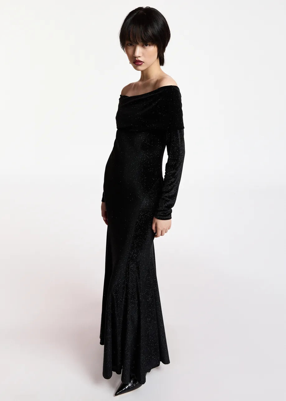 Essentiel Antwerp Kellissimo glitter off-shoulder maxi dress