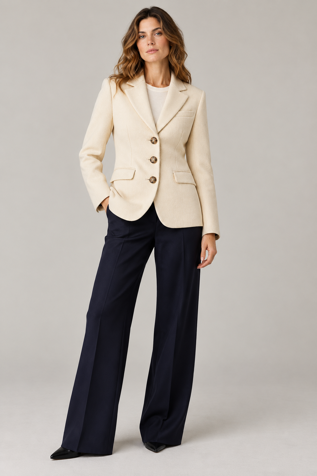Nadia Alexander Olivia Blazer in Cream Loxley Scottish merino wool, modelled front view