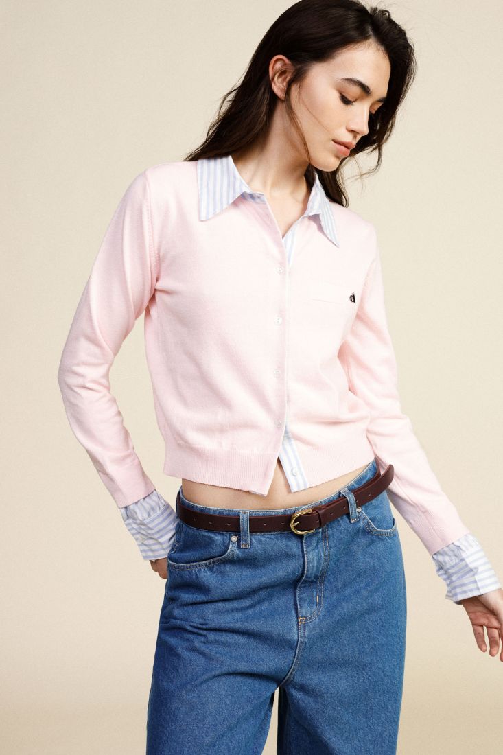 Dixie cropped cardigan with striped collar and cuffs