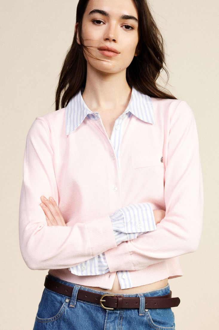 Dixie cropped cardigan with striped collar and cuffs