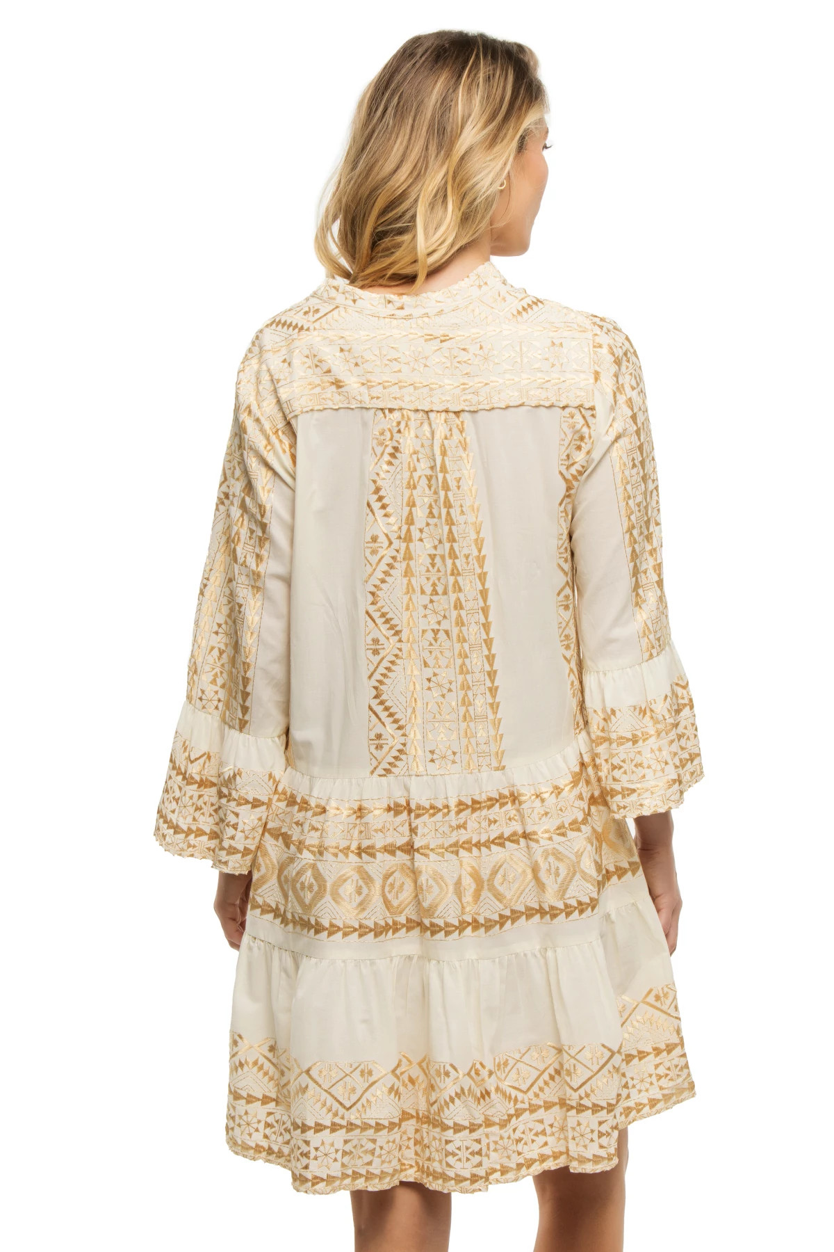 Embroidered cotton ruffled sleeve mini dress - natural/gold