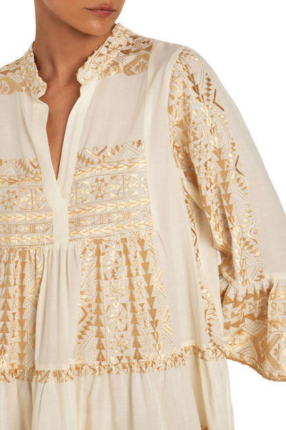 Embroidered cotton ruffled sleeve mini dress - natural/gold