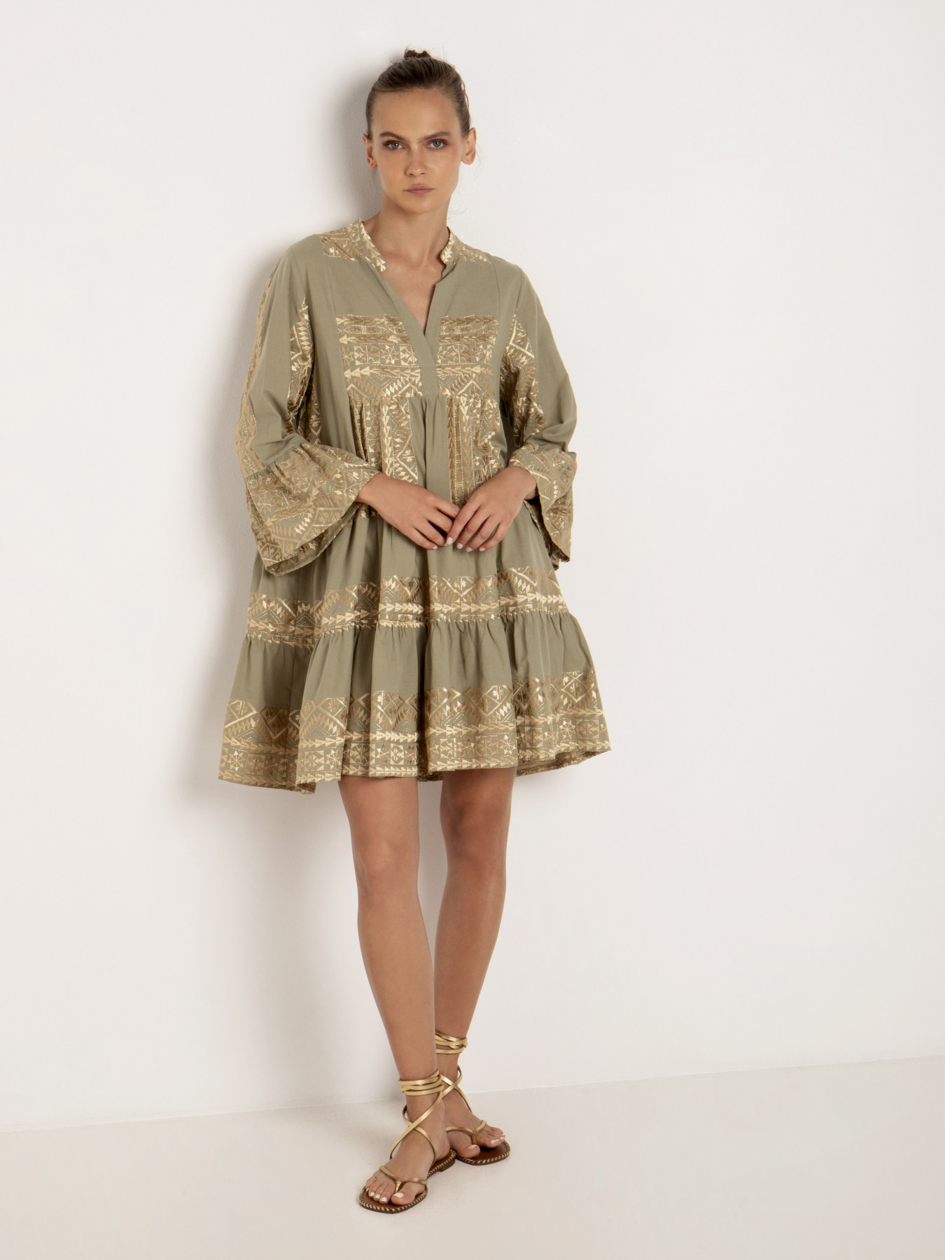 Embroidered cotton ruffled sleeve mini dress - tea/gold