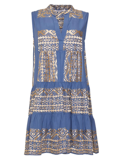 Embroidered sleeveless cotton dress - navy blue/gold