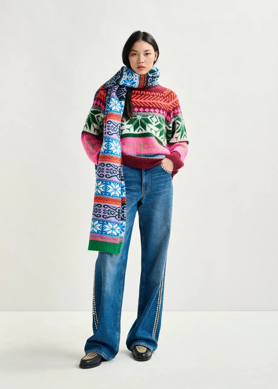 Essentiel antwerp icharpe jacquard knit scarf with ribbed
