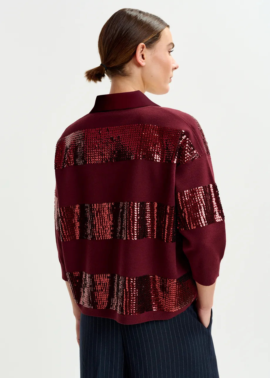 Essentiel antwerp illuminati striped sequin polo - burgundy