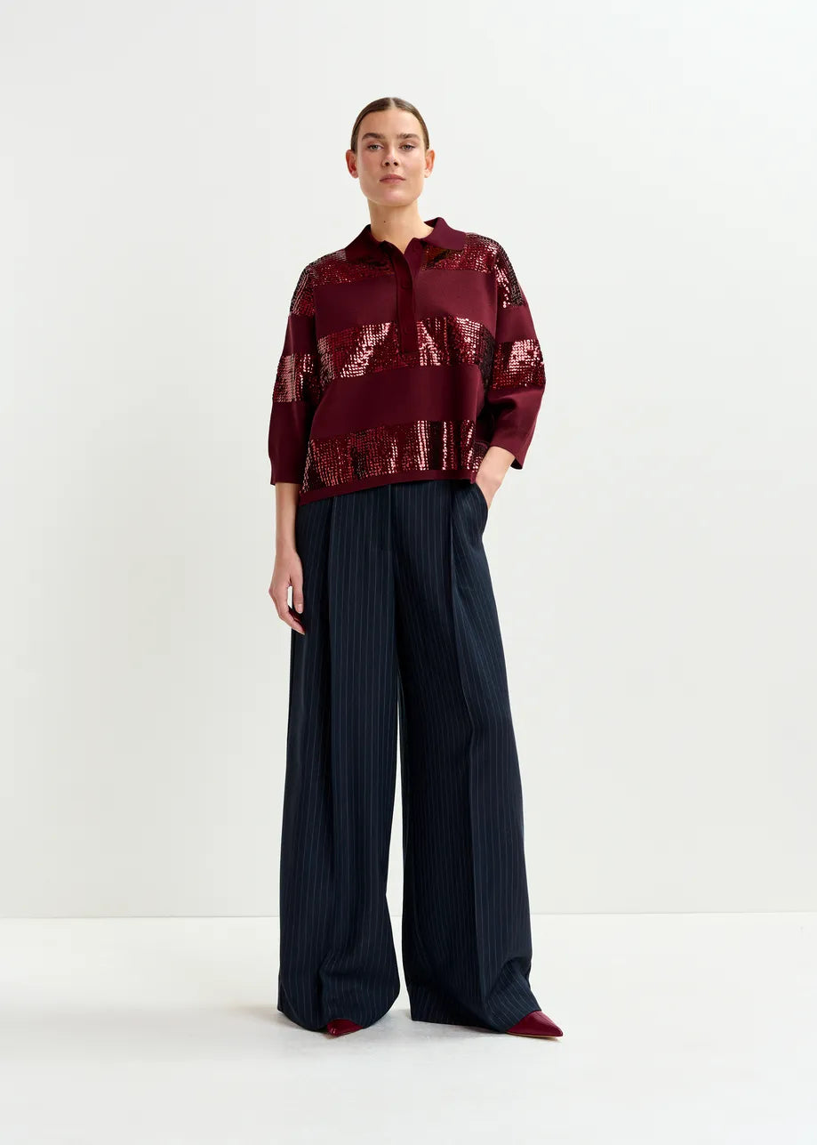 Essentiel antwerp illuminati striped sequin polo - burgundy