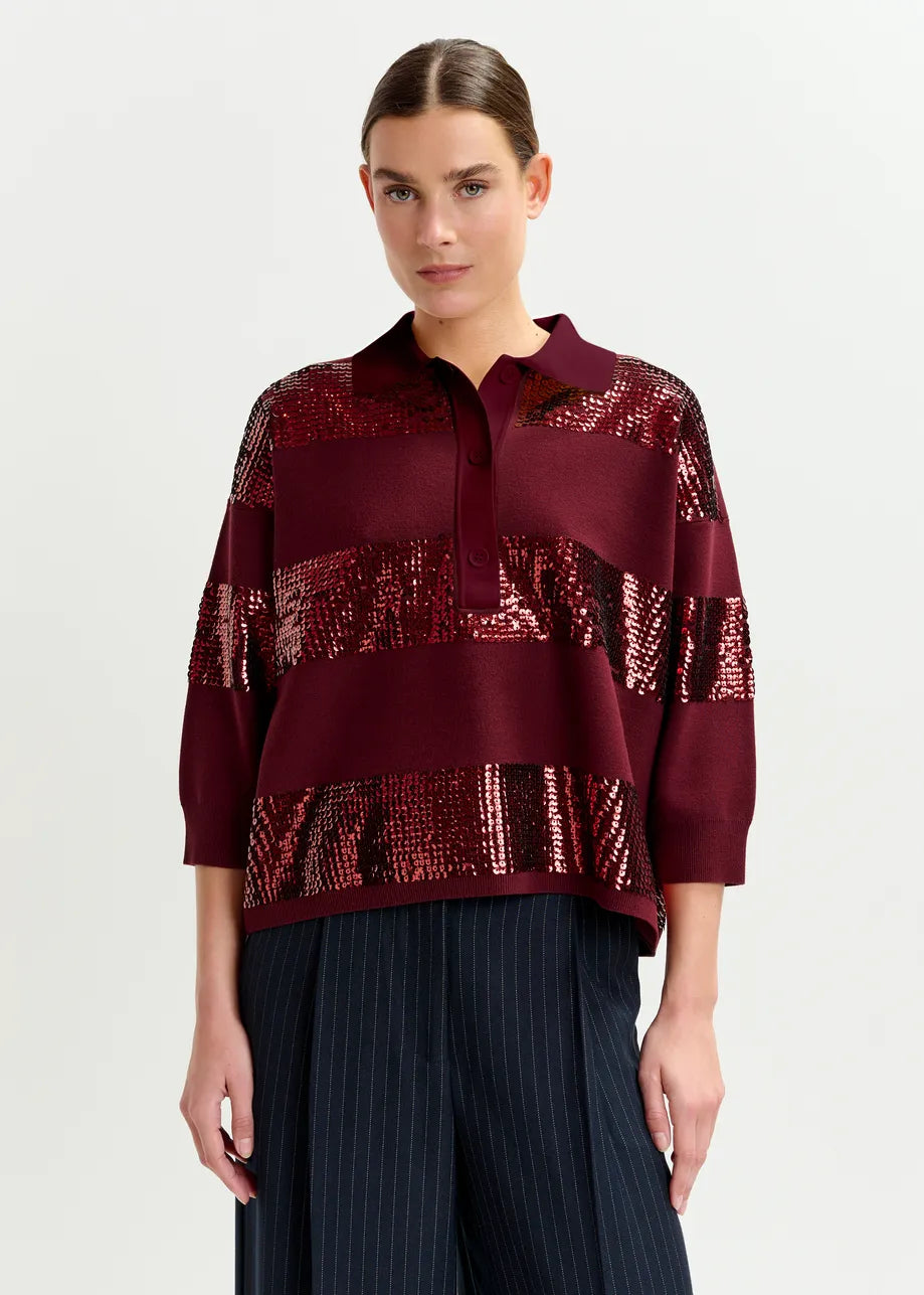 Essentiel antwerp illuminati striped sequin polo - burgundy
