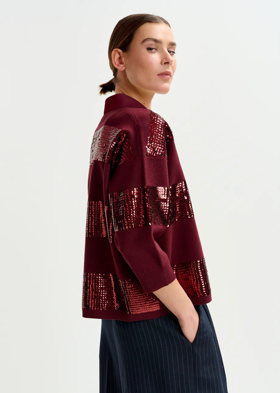 Essentiel antwerp illuminati striped sequin polo - burgundy