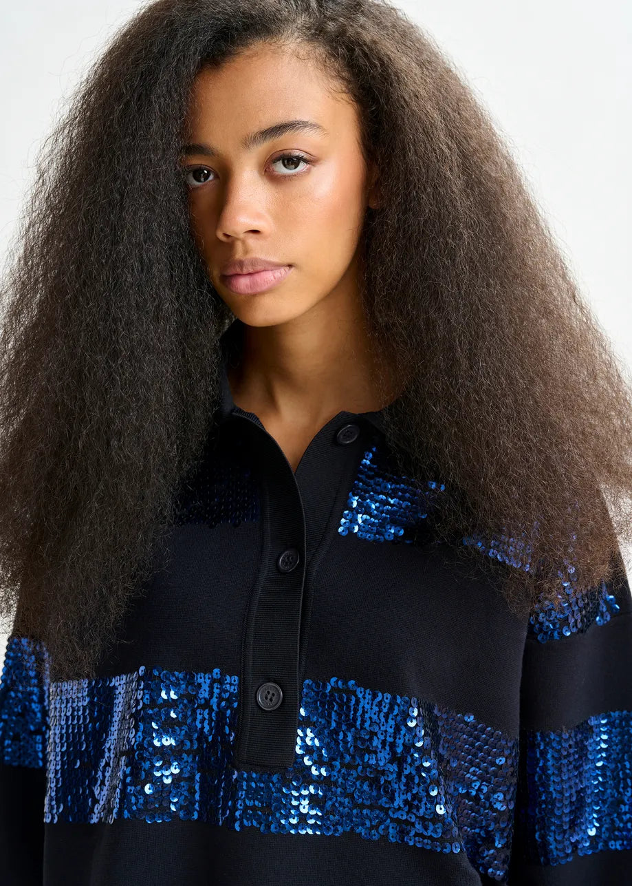 Essentiel antwerp illuminati striped sequin polo - navy