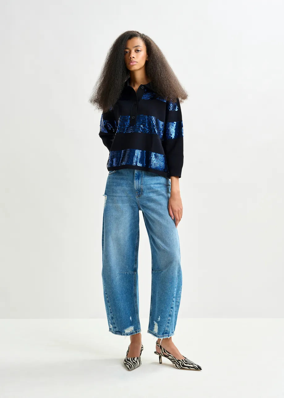 Essentiel antwerp illuminati striped sequin polo - navy