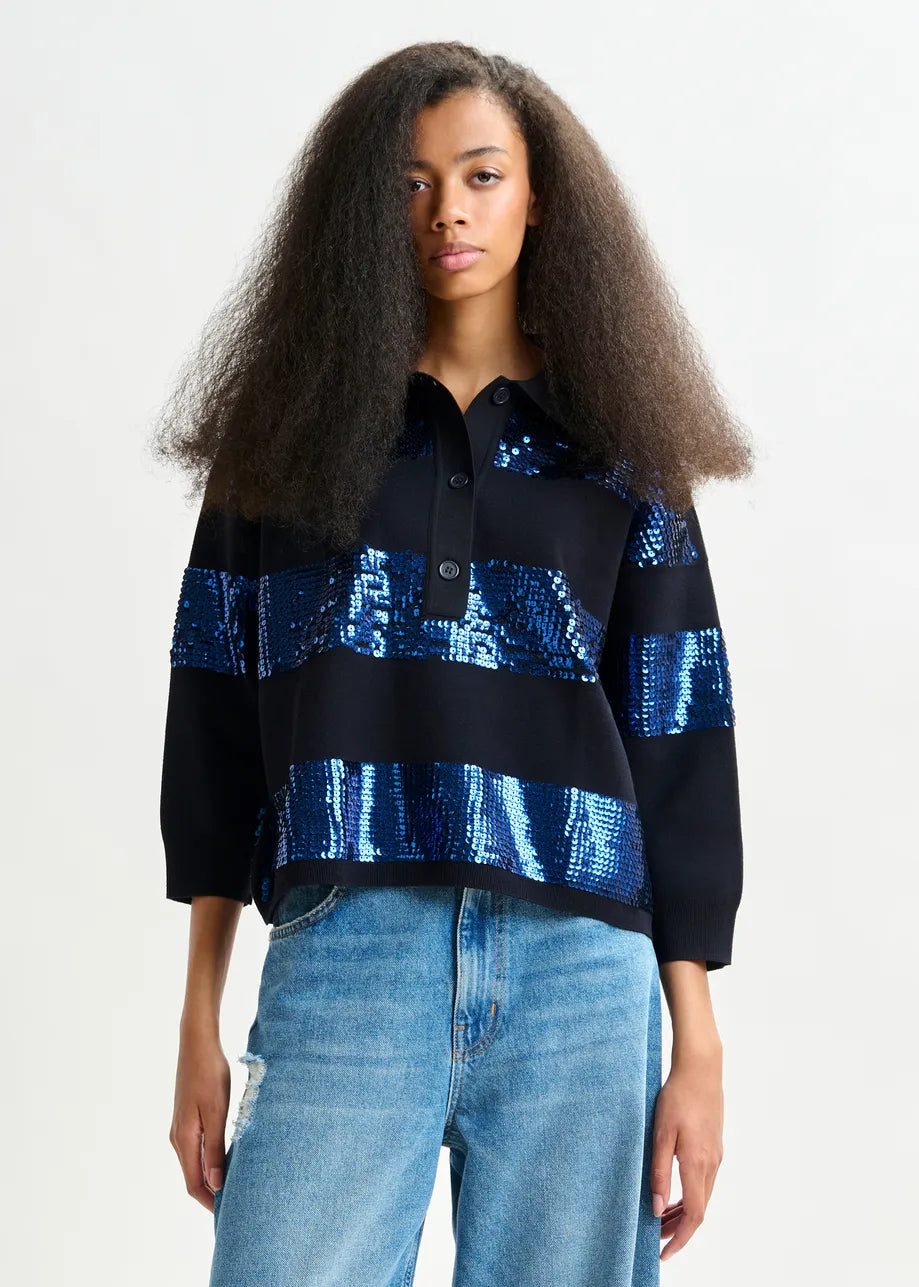 Essentiel antwerp illuminati striped sequin polo - navy