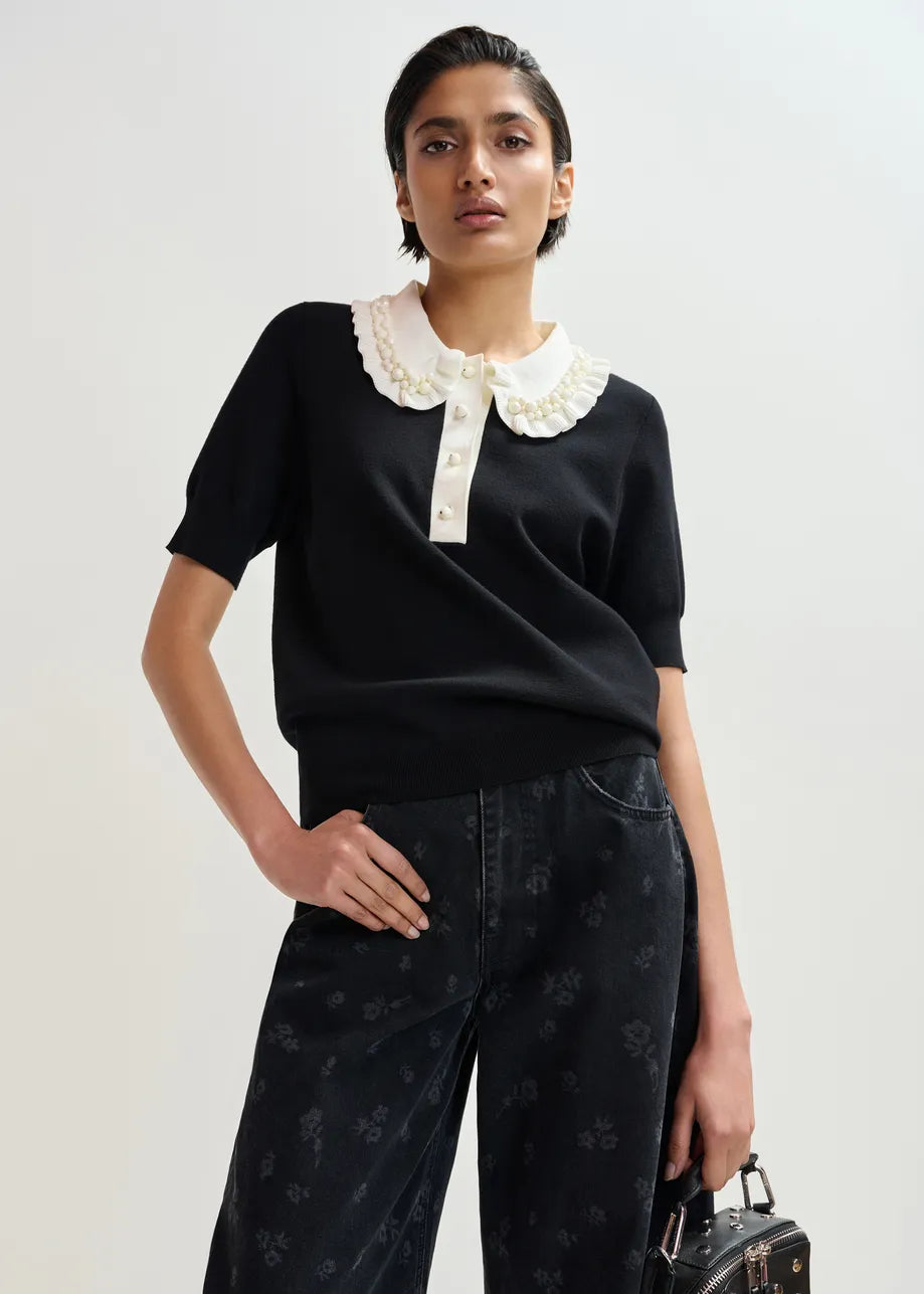 Essentiel antwerp jewelry ruffle fine-knit polo top