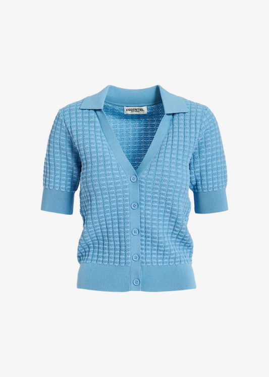 Fabio knitted v-neck polo top - middle blue Tops ESSENTIEL