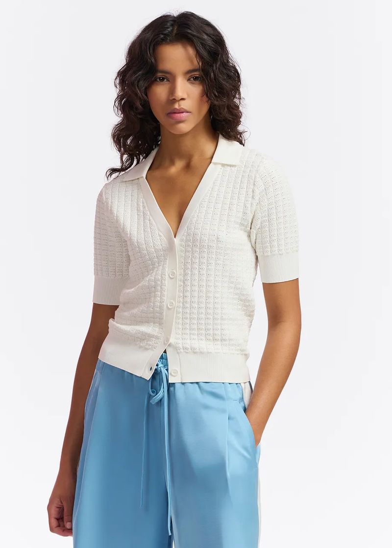 Fabio knitted v-neck polo top - off white Tops ESSENTIEL