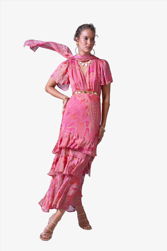 Gilly Dress - Butterfly Devore Pink Dresses RIXO