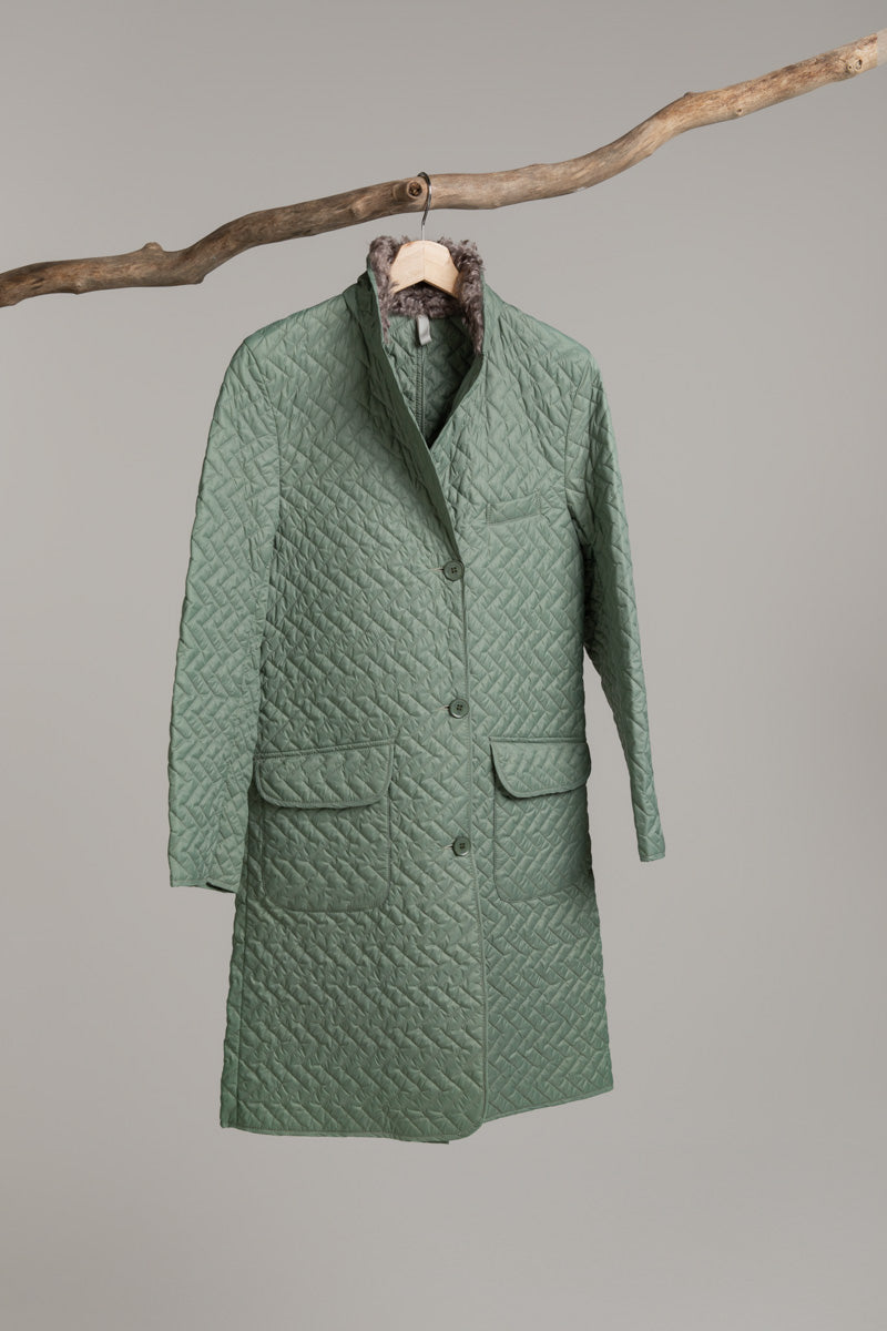 Fur Collar Quilted Coat | Dark Sage – Handmade in Scotland, Hancock Archive