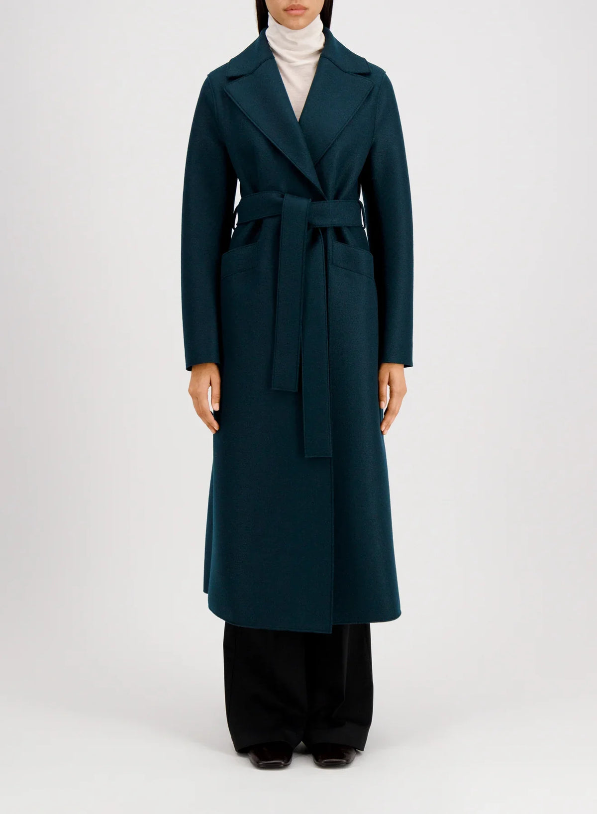 Harris wharf long maxi coat in pressed wool - bottle green