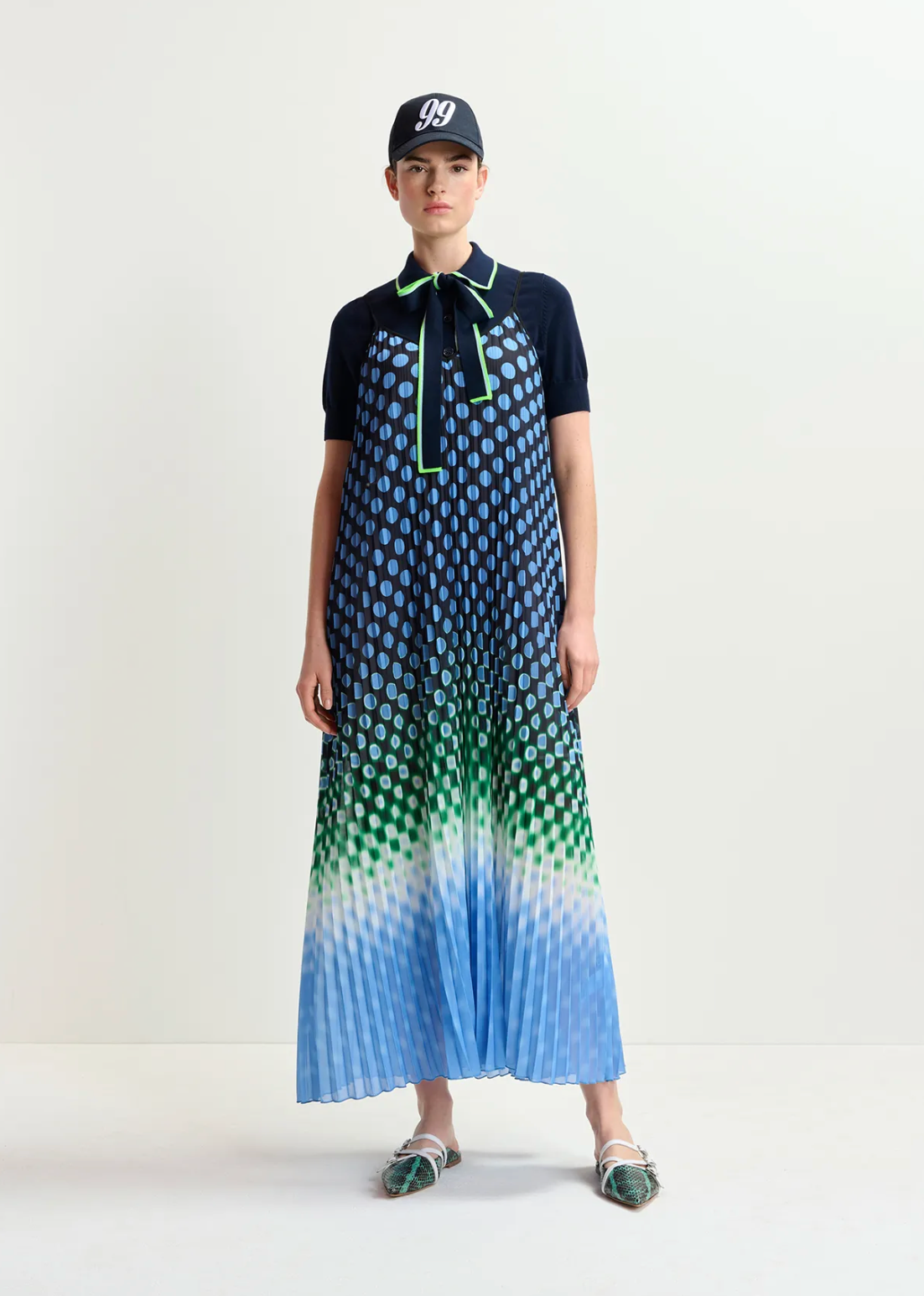 Hyacinth pleated polka dot print maxi dress - aqua blue