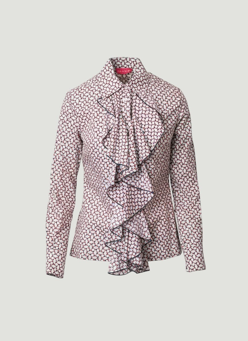 Pampas Nadia Alexander Emily Frill Shirt Short Cuff in Liberty print fabric with frill front detail and short cuff.