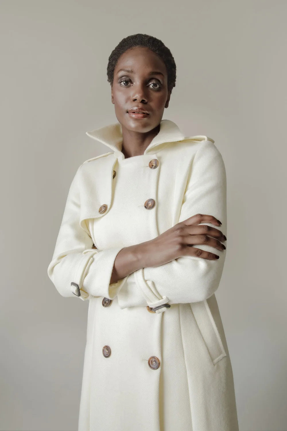 Nadia Alexander Mause cream tailored trench coat in Scottish wool, front view