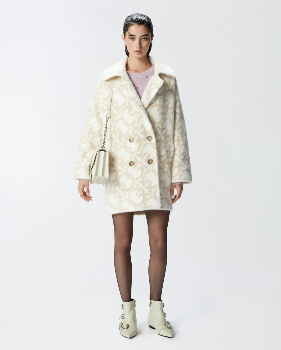 Toro short faux fur coat with logo cream beige