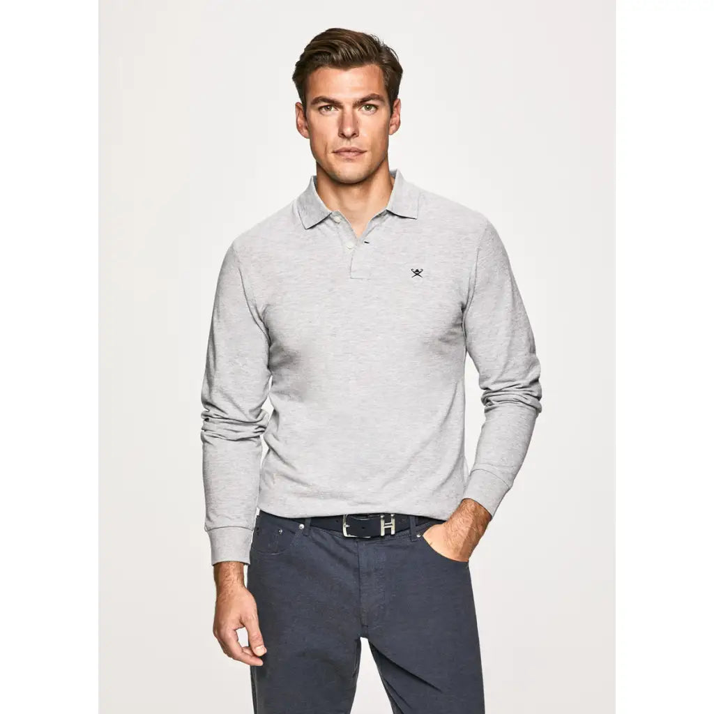 Long Sleeve Cotton Pique Polo Shirt - Light Grey Marl Long