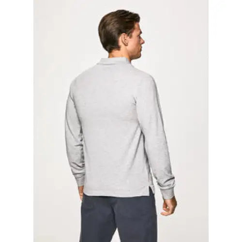Long Sleeve Cotton Pique Polo Shirt - Light Grey Marl Long