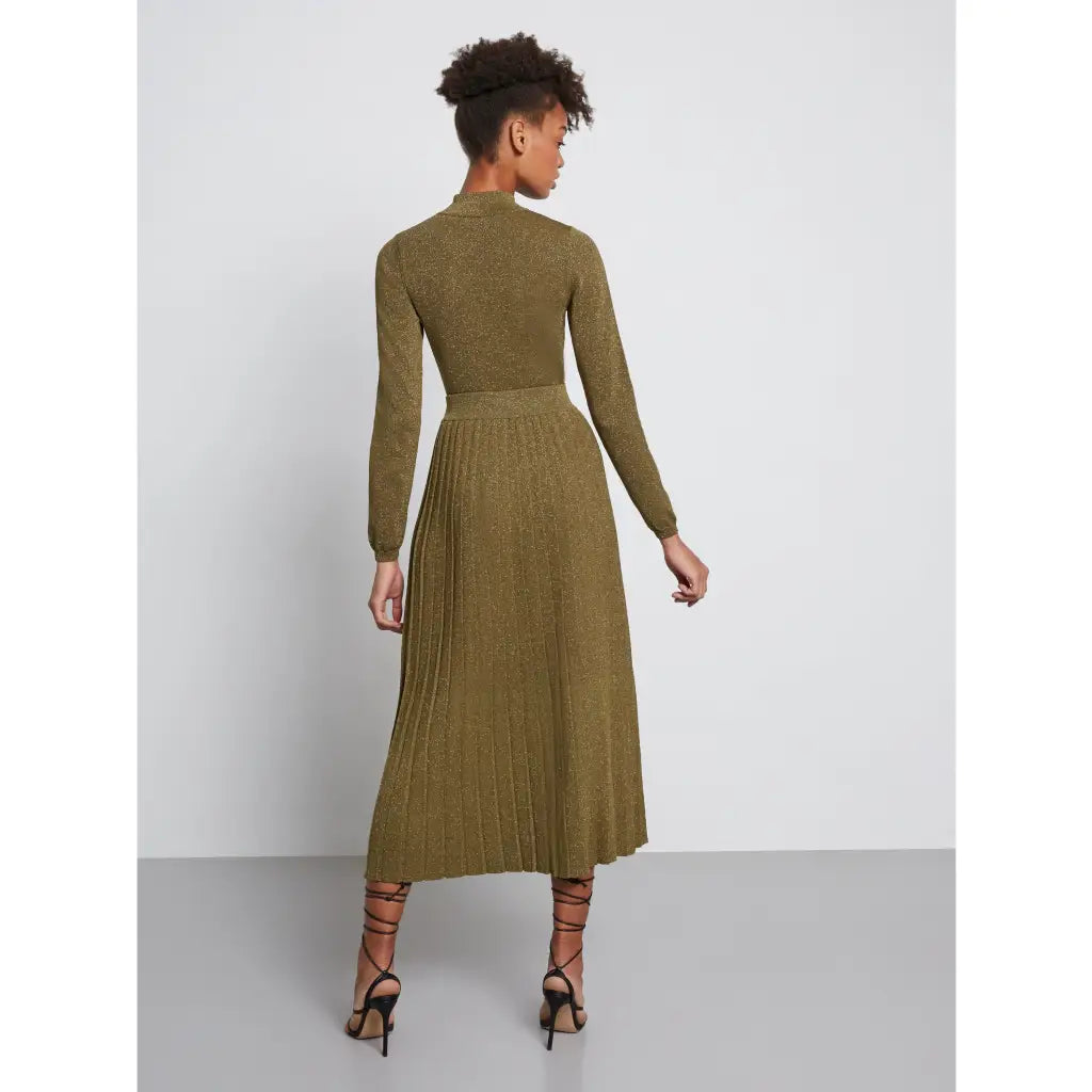Metallic Knit Pleated Midi Skirt - Khaki Skirts & Shorts