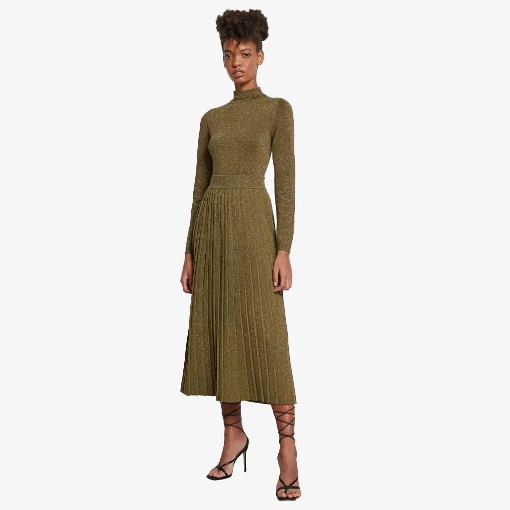 Metallic Knit Pleated Midi Skirt - Khaki Skirts & Shorts
