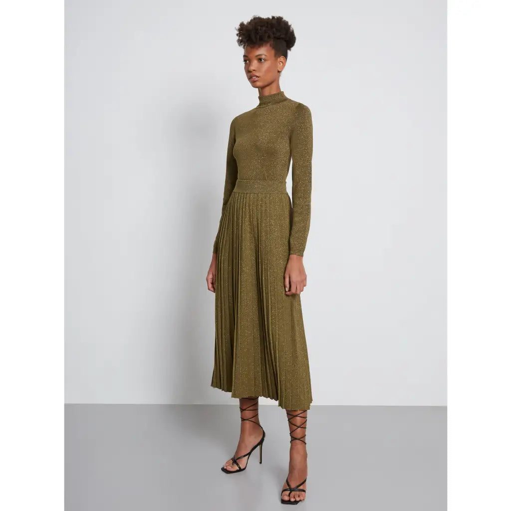 Metallic Knit Pleated Midi Skirt - Khaki Skirts & Shorts