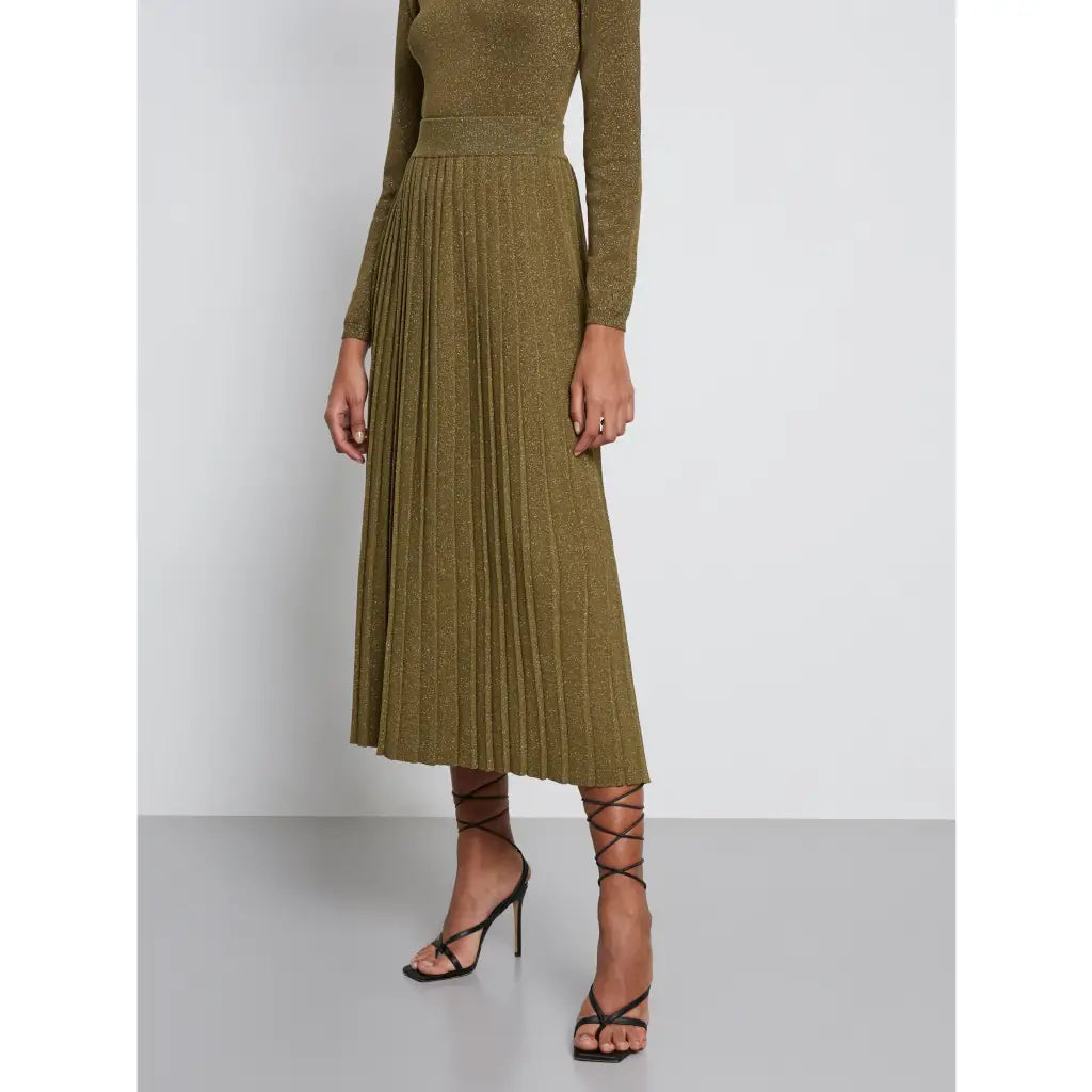 Metallic Knit Pleated Midi Skirt - Khaki Skirts & Shorts