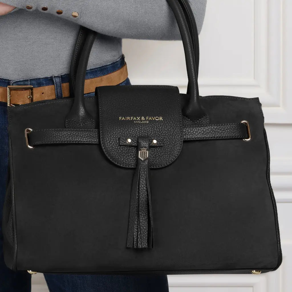 Windsor Handbag - Black Suede Bags & Purses FAIRFAX & FAVOR